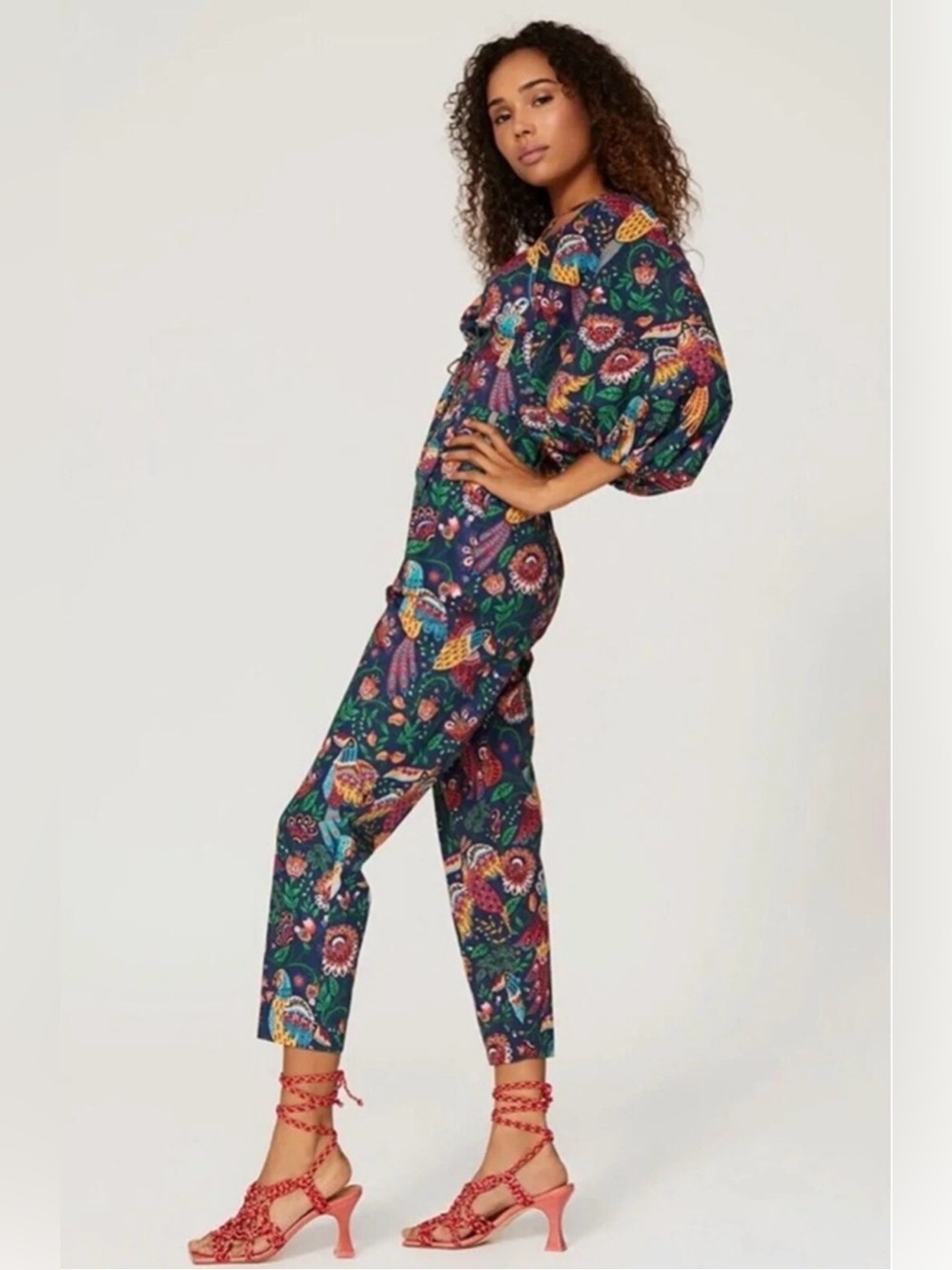 Farm Rio Tropical Birds Floral Print V-Neck Jumpsuit Large - Picture 2 of 2